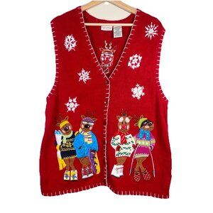 White Stag Winter Reindeer Holiday Christmas 16W Red Embroidered Sweater Vest